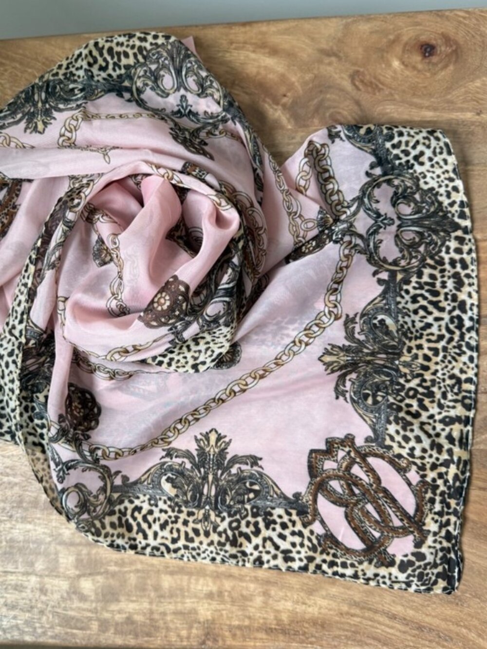 VINTAGE Pink Chiffon Shawl Scarf Leopard Baroque Chain Monogram Print
